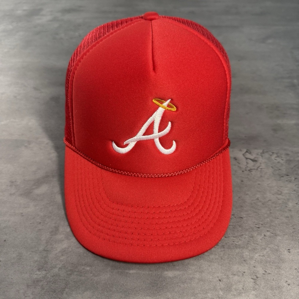 Atlanta Braves Snapback Hat Red White Mesh Trucker‎ Cap Angel Halo Alternate